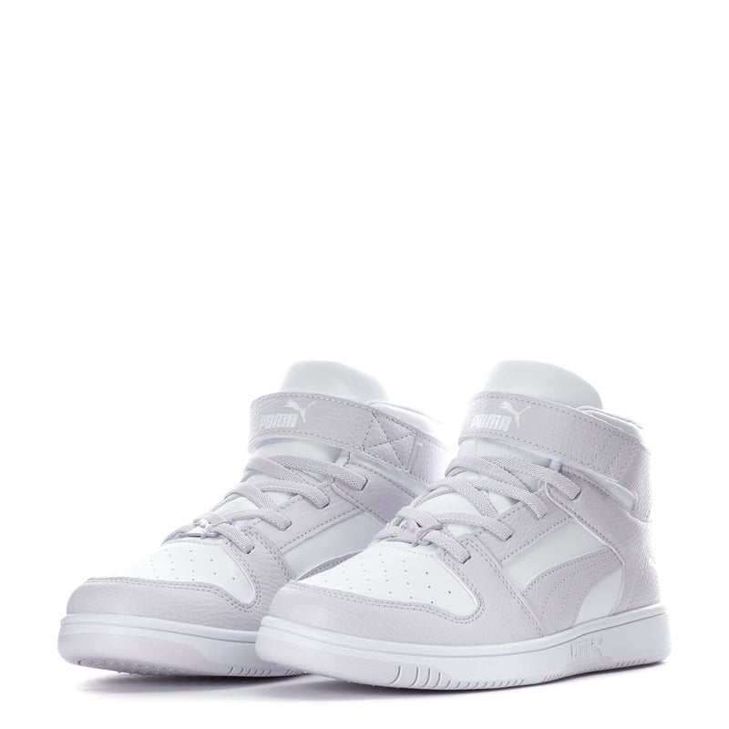 Pair of kids high-top sneakers, white leather look with lace-up and side stripes