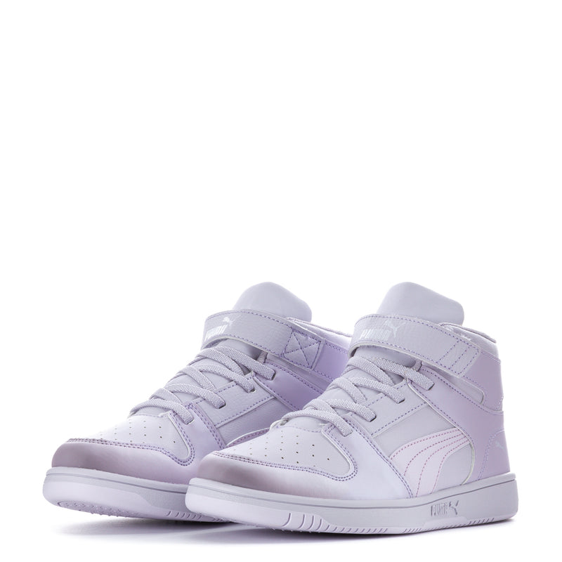 Pair of kids high-top lace-up sneakers in light lilac and white, front view