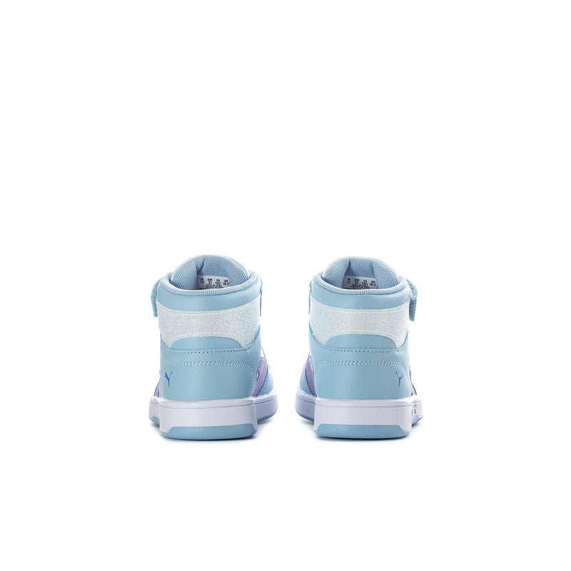 Kids high-top sneakers rear view with light blue heel and purple accents