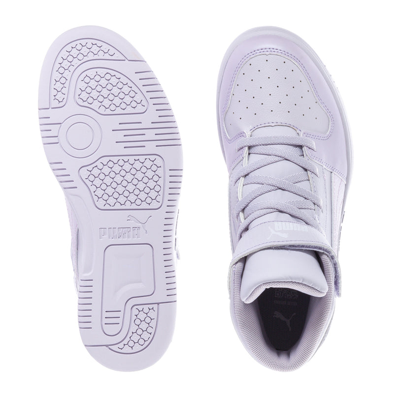 Kids high-top sneakers: outsole traction and lace-up upper detail in light lilac