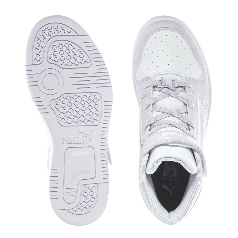 Kids high-top sneaker outsole and top view, white with lace-up front