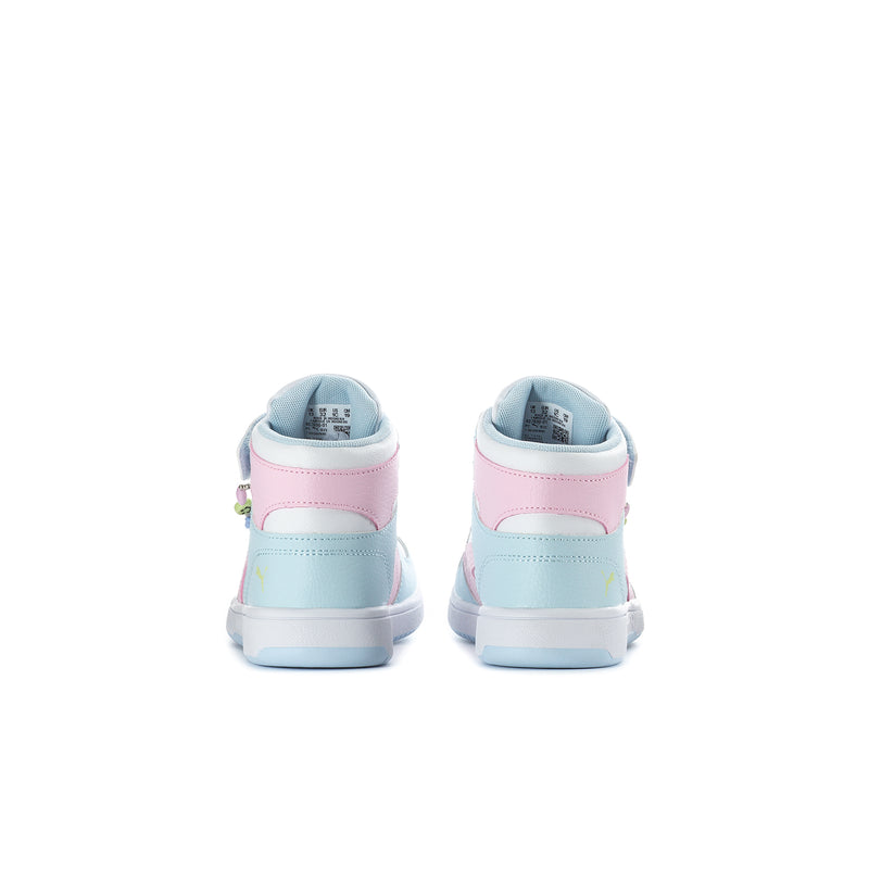 Kids high-top sneakers, rear view with pink heel tabs and light blue/white uppers