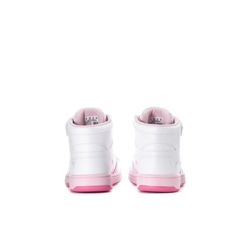 Kids high-top sneakers heels, white with pink pull tabs and pink rubber outsole