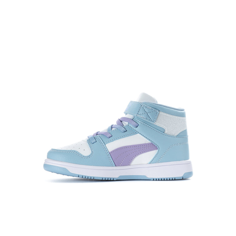 Kids high-top sneakers angled side view in light blue, white, and purple