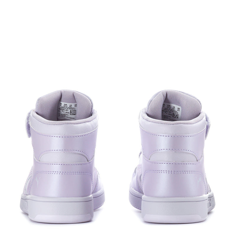 Kids high-top sneakers heel view in light lilac with padded collar and stitching