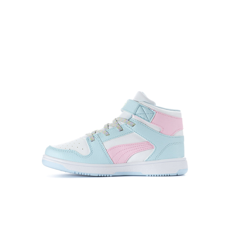 Kids high-top sneakers side view, light blue with pink panel detail and lace-up
