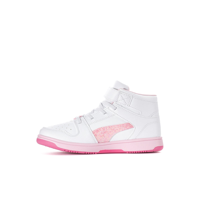 Kids high-top sneakers side view, white upper with pink glitter accent and strap