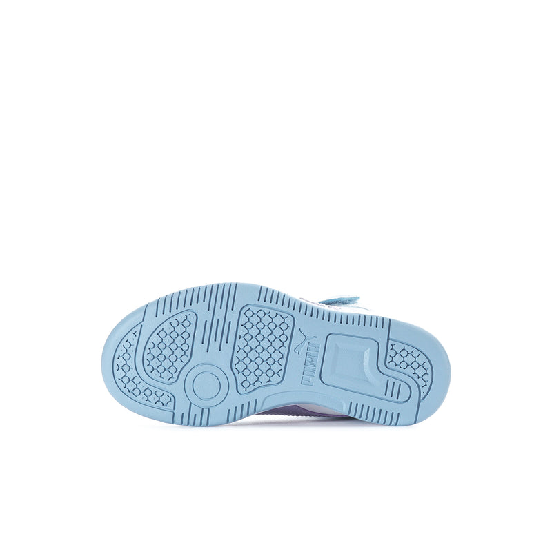 Kids high-top sneaker outsole in light blue with tread and circular logo