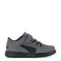 Kids low-top sneakers in gray with black accents, strap and laces