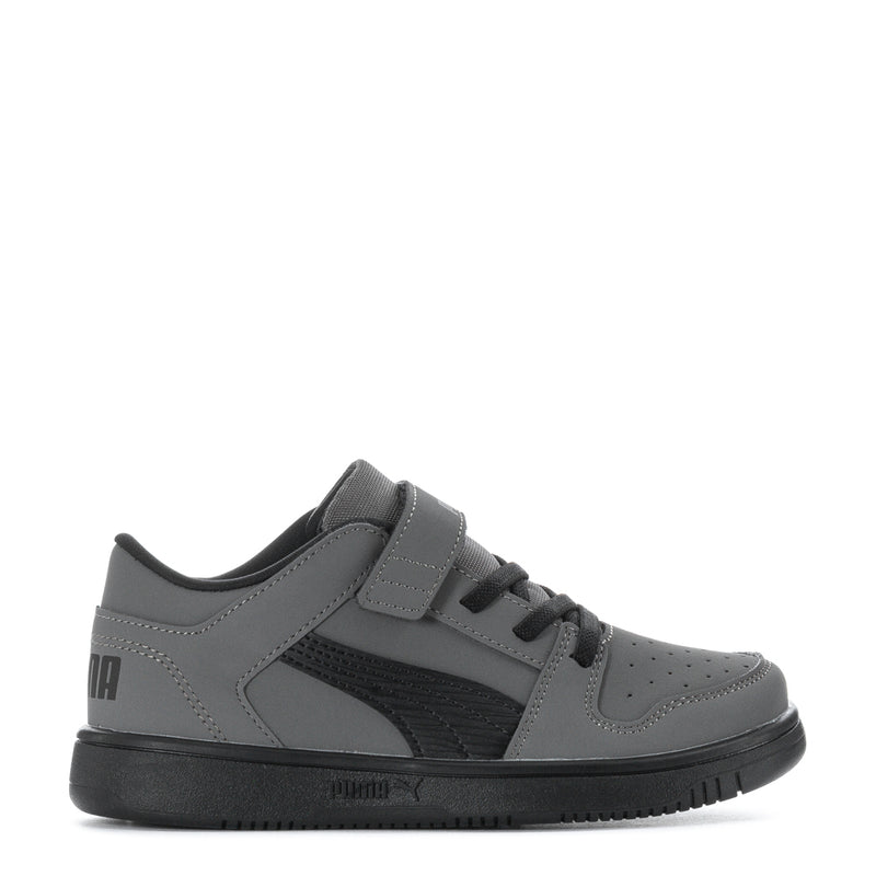 Kids low-top sneakers in gray with black accents, strap and laces