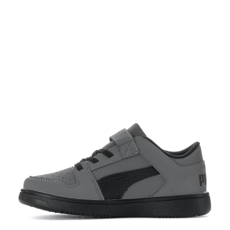 Kids low-top sneakers, gray with black Puma stripe, lace-up with strap
