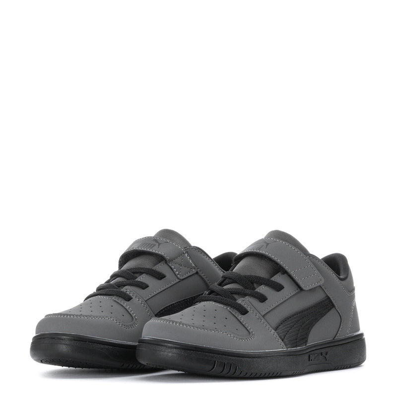 Pair of kids low-top sneakers, gray with black overlays, lace-up