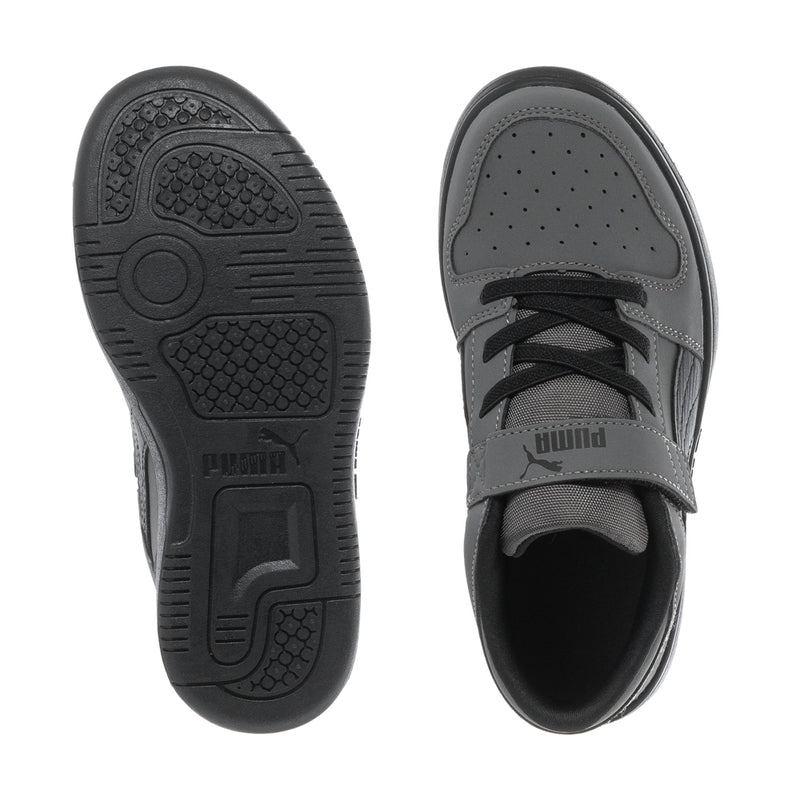 Kids sneakers outsole and top view, dark tread with gray lace-up upper