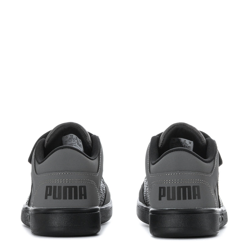 Kids low-top sneakers, heel view in gray with black Puma logo