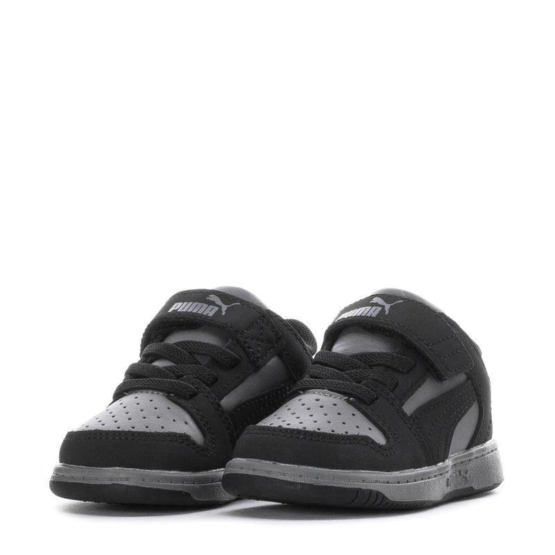 Toddler black and gray PUMA sneakers, front view with two hook-and-loop straps