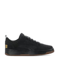 Black youth low-top sneaker, lace-up, gum-brown outsole, gold logo detail