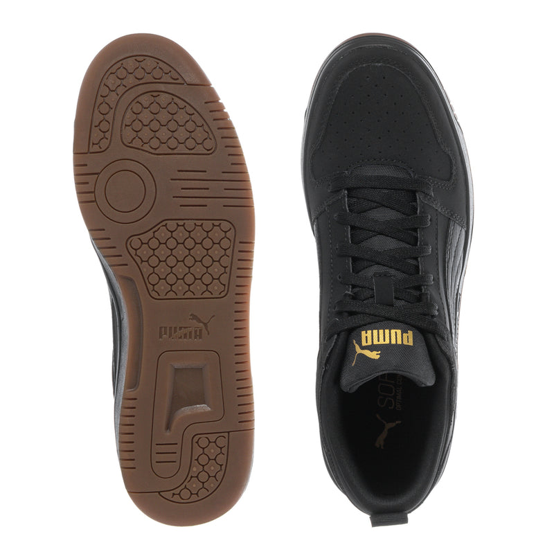 Black youth low-top sneaker showing outsole and inner collar, lace-up