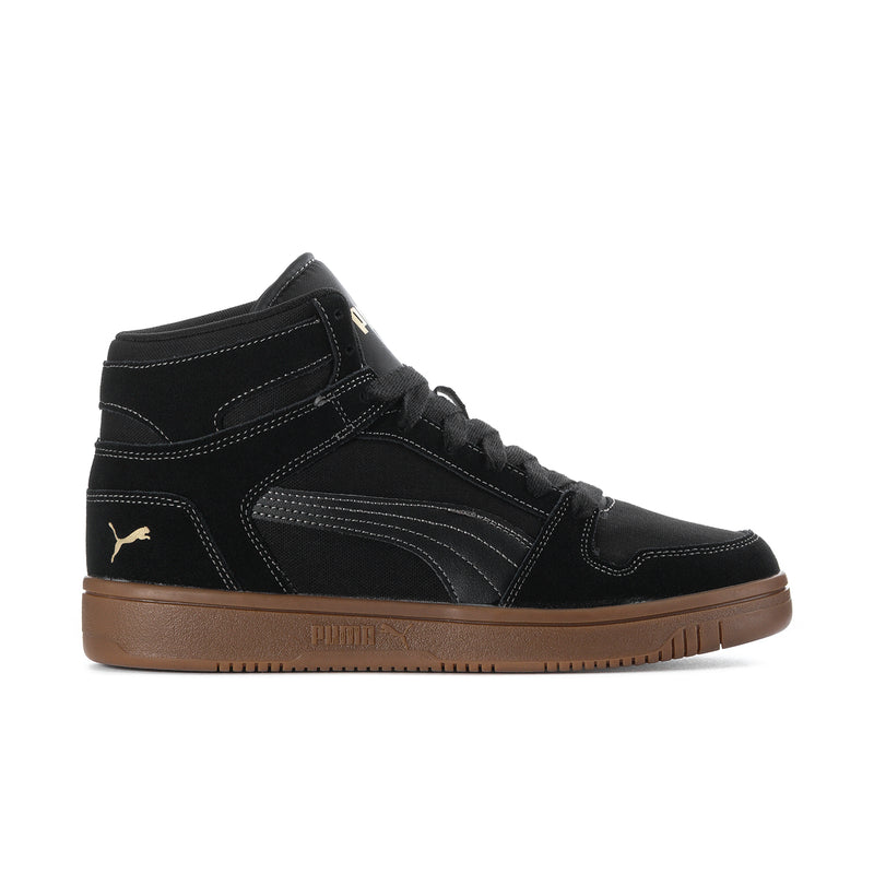 Men's black high-top sneakers, brown outsole, gold PUMA logos and stitching