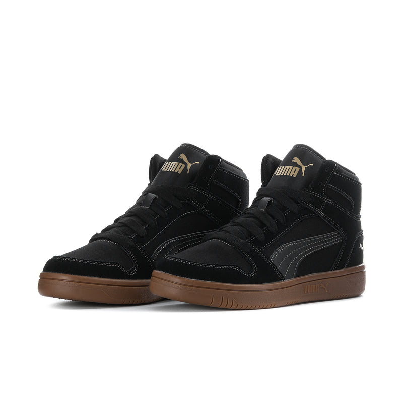Men's black high-top sneakers with lace-up design, brown sole, gold PUMA logos