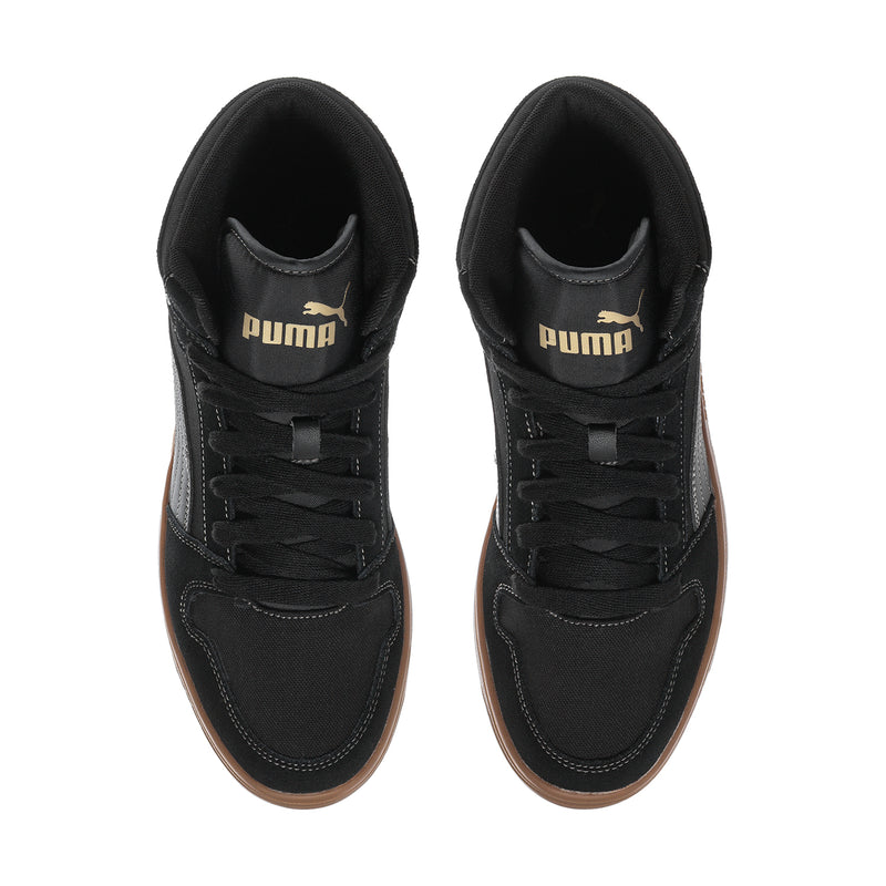 Men's black high-top sneakers, padded collar, gold PUMA label on tongue