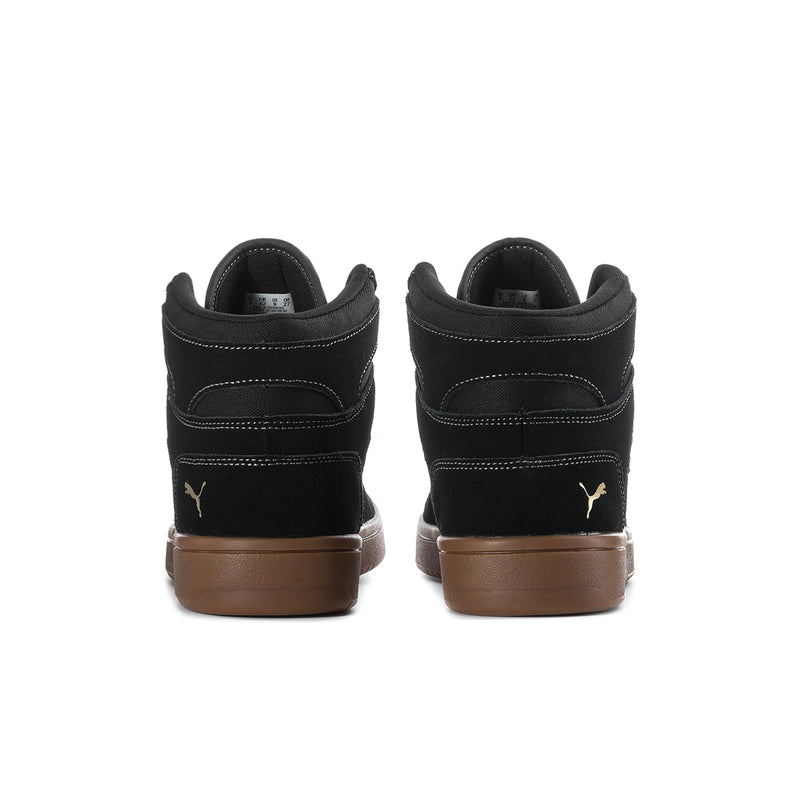 Men's black high-top sneakers, heel view with gold PUMA logo and brown back sole