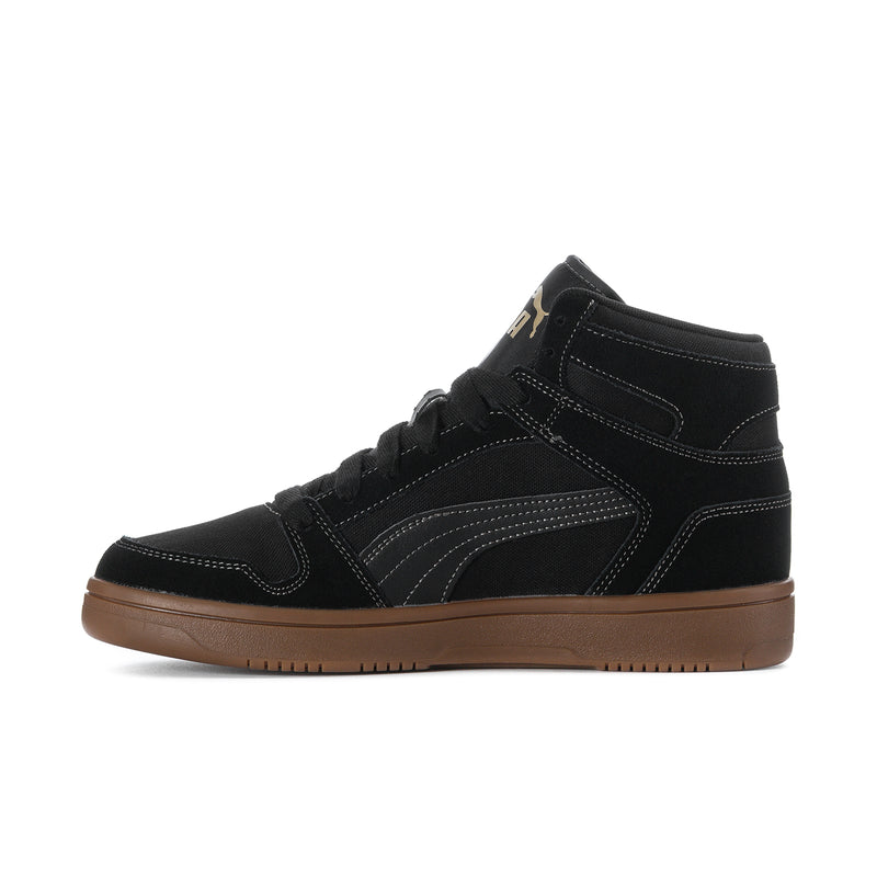 Men's black high-top sneakers with layered panels, brown outsole, gold PUMA logo