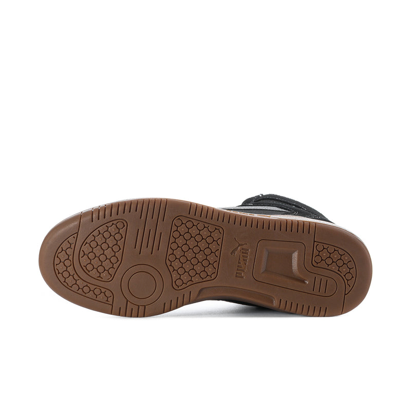 Men's black high-top sneakers with brown treaded outsole visible