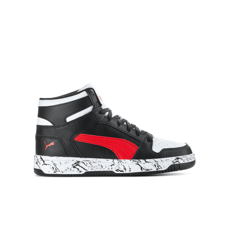 Youth mid-top basketball shoe, black with red side panel and white accents