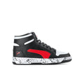 Youth mid-top basketball shoe, black with red side panel and white accents
