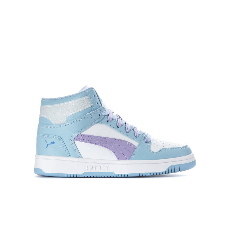 Youth high-top sneakers in light blue with lavender stripe and white midsole