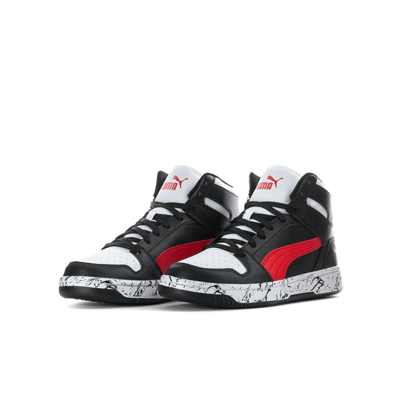 Youth mid-top basketball shoes, black with red stripe and white toe caps