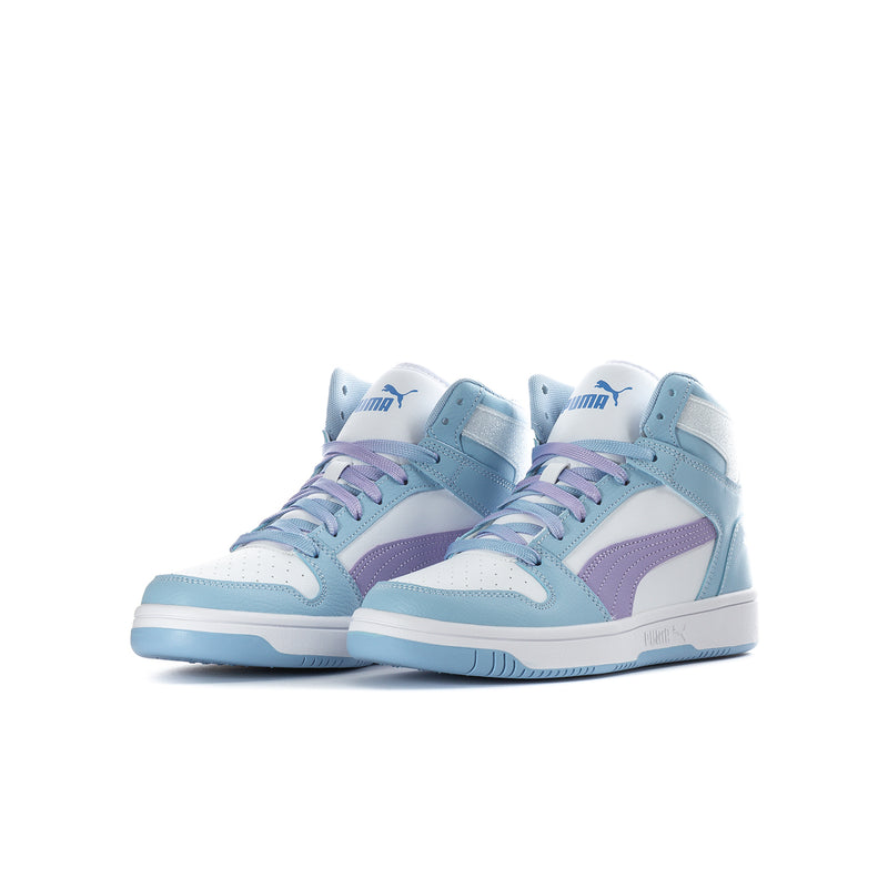 Youth high-top sneakers, side view, light blue and lavender with lace-up closure