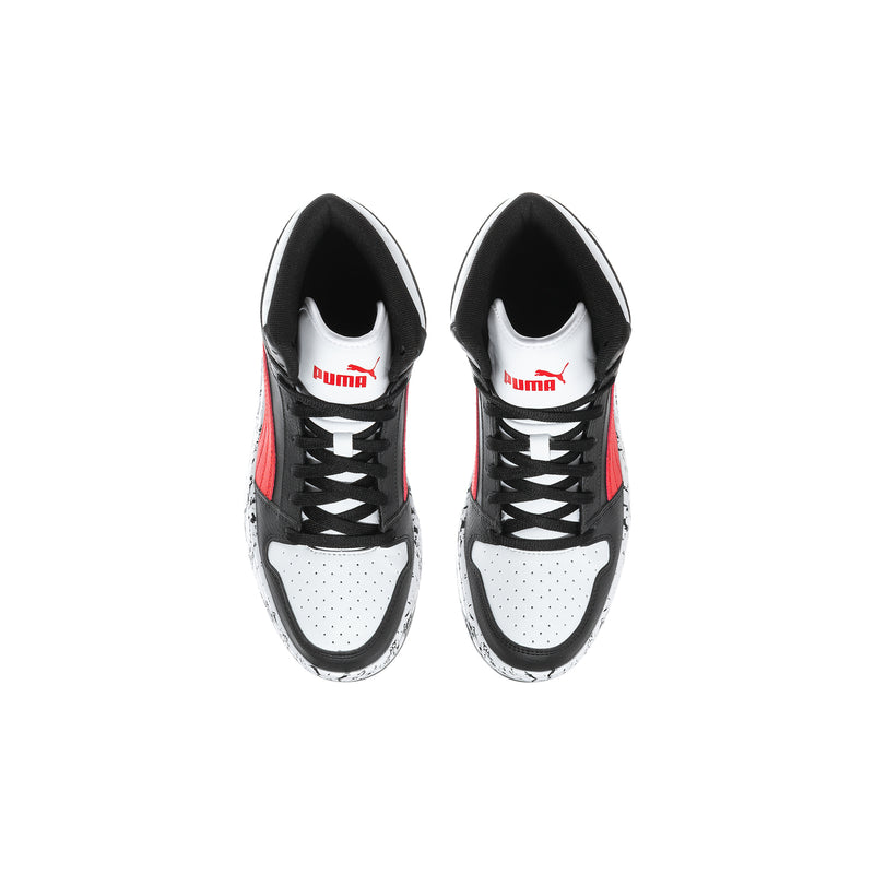 Youth mid-top basketball shoes, front view with black laces, white panels, red trim