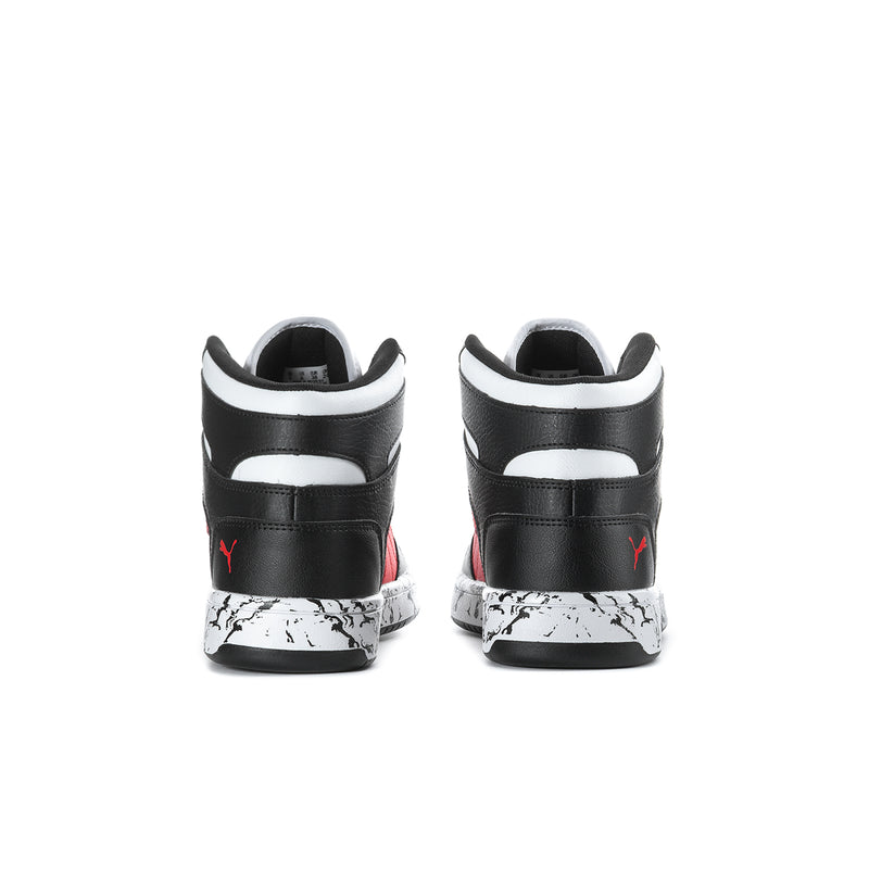 Youth basketball shoes, black heel and back with white stripe and small red logos