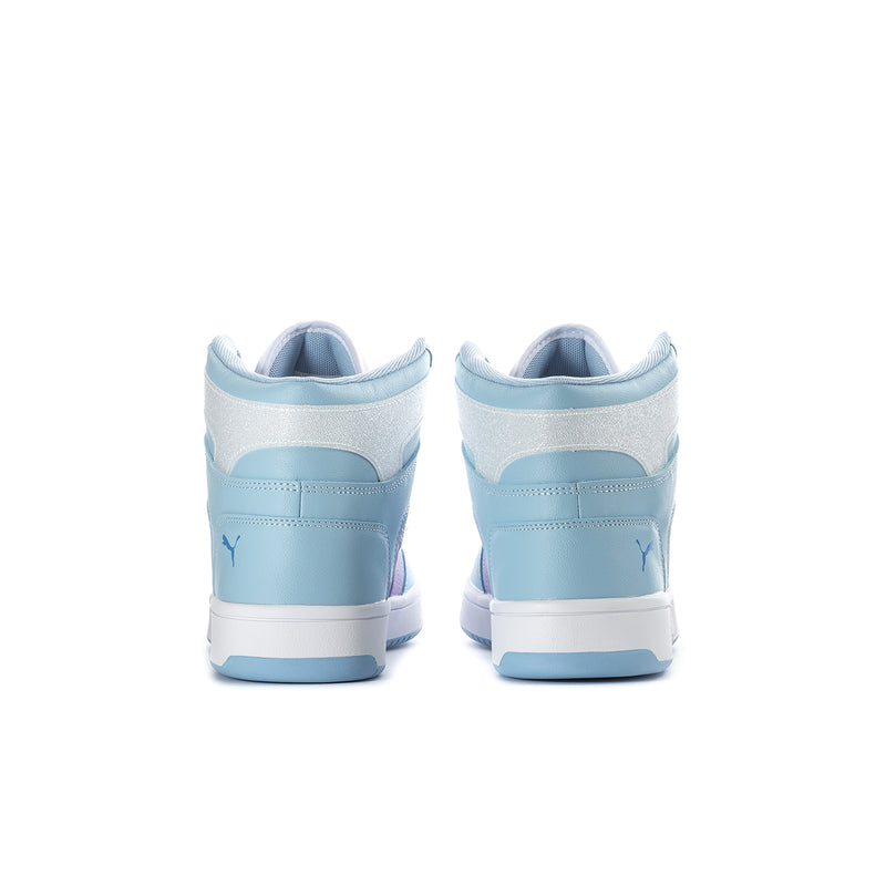 Youth high-top sneakers, heel view, light blue leather with white midsole