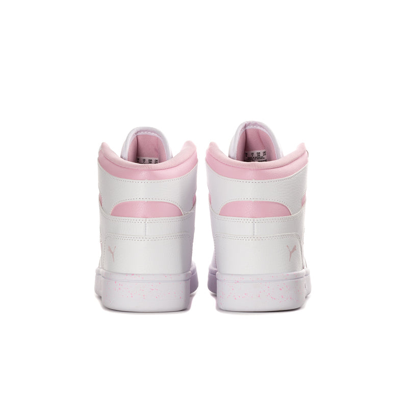 Youth high-top sneakers, rear view with pink collars and white heel with stitching