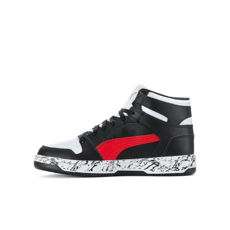 Youth mid-top basketball shoe, black upper with red stripe and white side panel