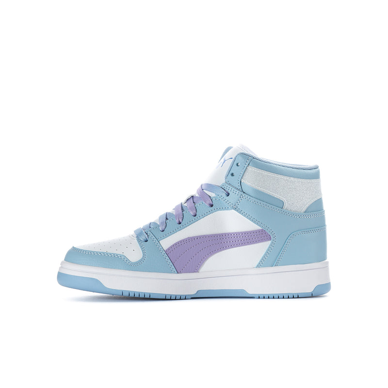 Youth high-top sneakers, angled side view, light blue suede with lavender side stripe