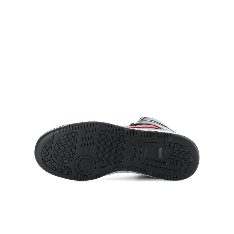 Youth mid-top basketball shoe sole, black tread with red accent detail