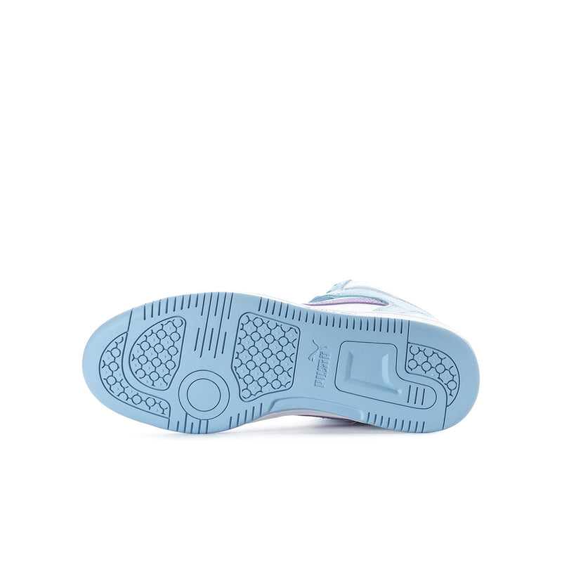 Youth high-top sneakers outsole view, light blue tread and white midsole edge