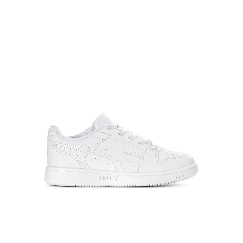 Kids white low-top lace-up sneaker with side logo and cushioned sole