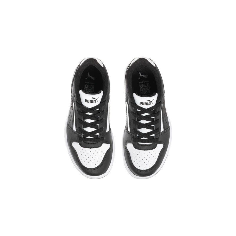 Kids' black Puma sneakers, top view of tongues and laces