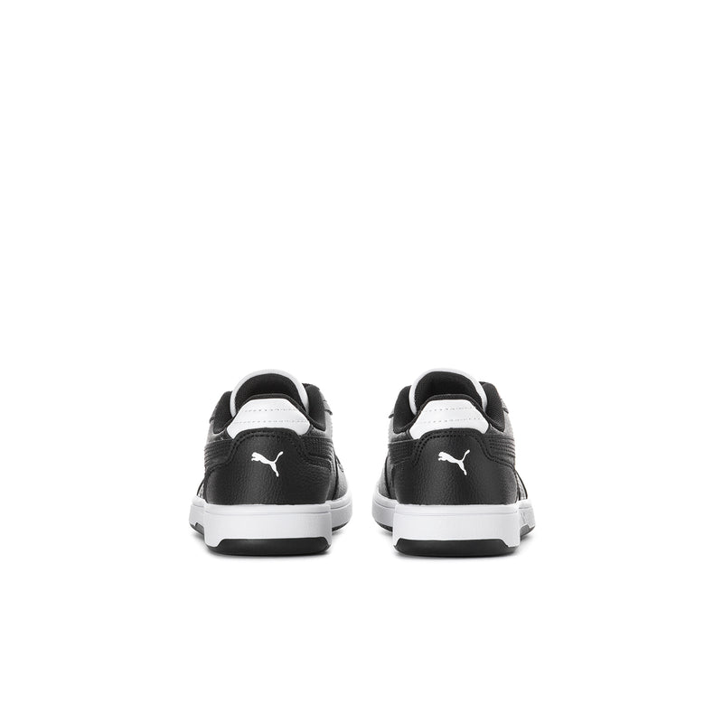 Kids' black Puma sneakers, rear view with white heel accents