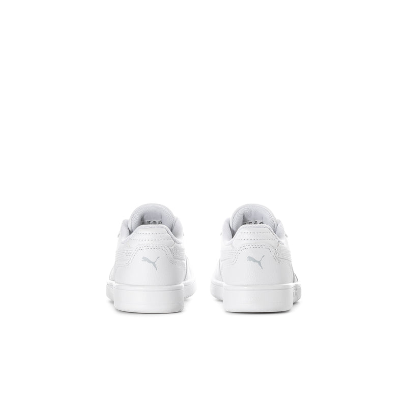 Kids white sneakers rear view with heel tab and back logo
