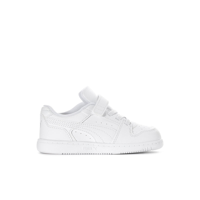 White toddler low-top sneaker with hook-and-loop strap and perforated toe