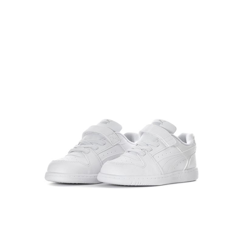 White toddler low-top sneakers, side-by-side front view with hook-and-loop strap