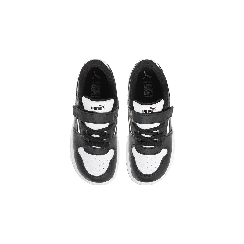 Toddler sneakers, black uppers with white stripes and PUMA branding on tongue