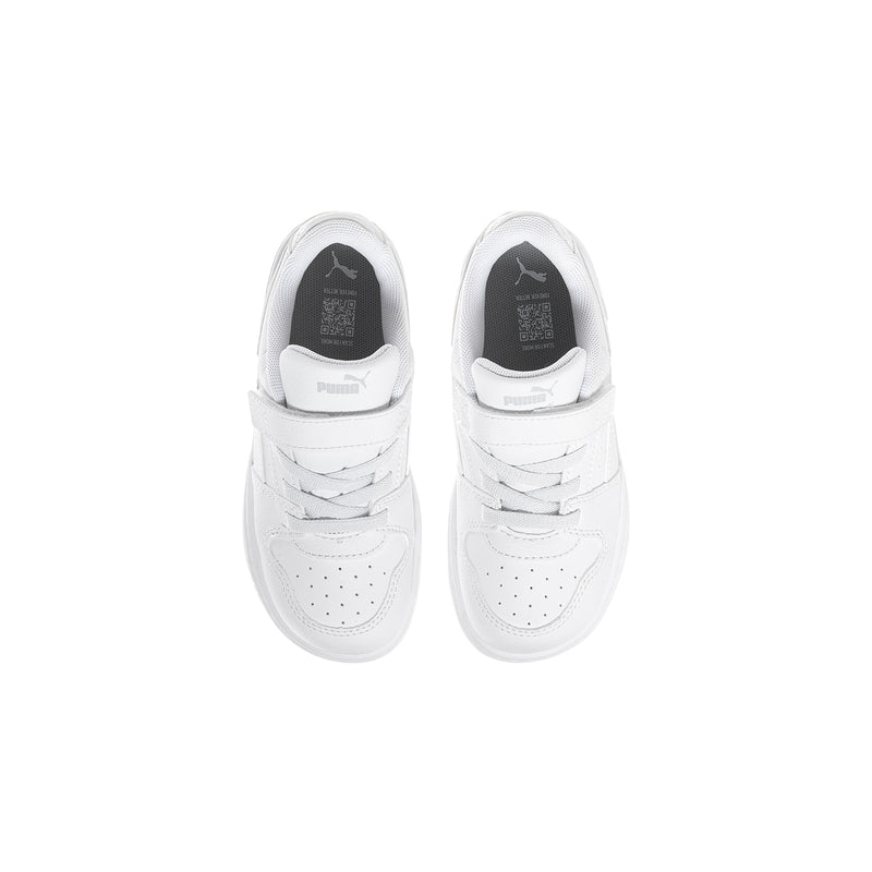 Pair of white toddler sneakers showing padded tongue, laces, and hook-and-loop closure