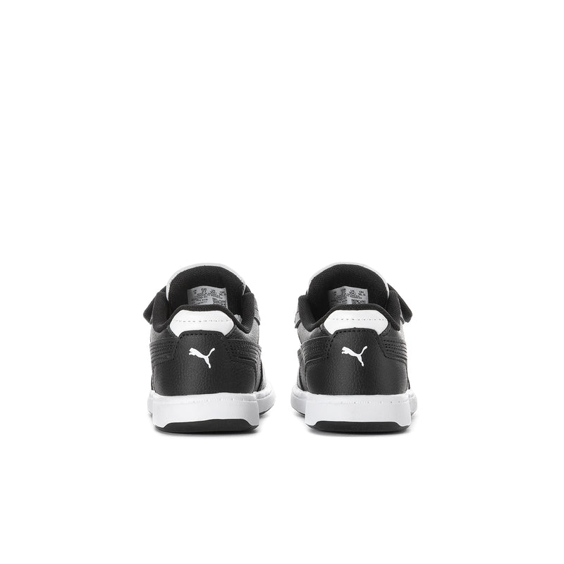 Pair of toddler sneakers in black with white midsoles and PUMA logo on heel