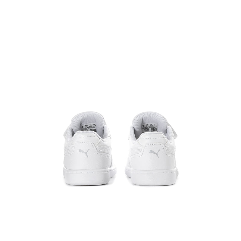 White toddler sneakers heel view with PUMA logo on back and cushioned collar